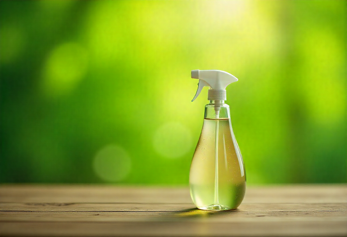 Eco-friendly cleaning product bottle with green natural background